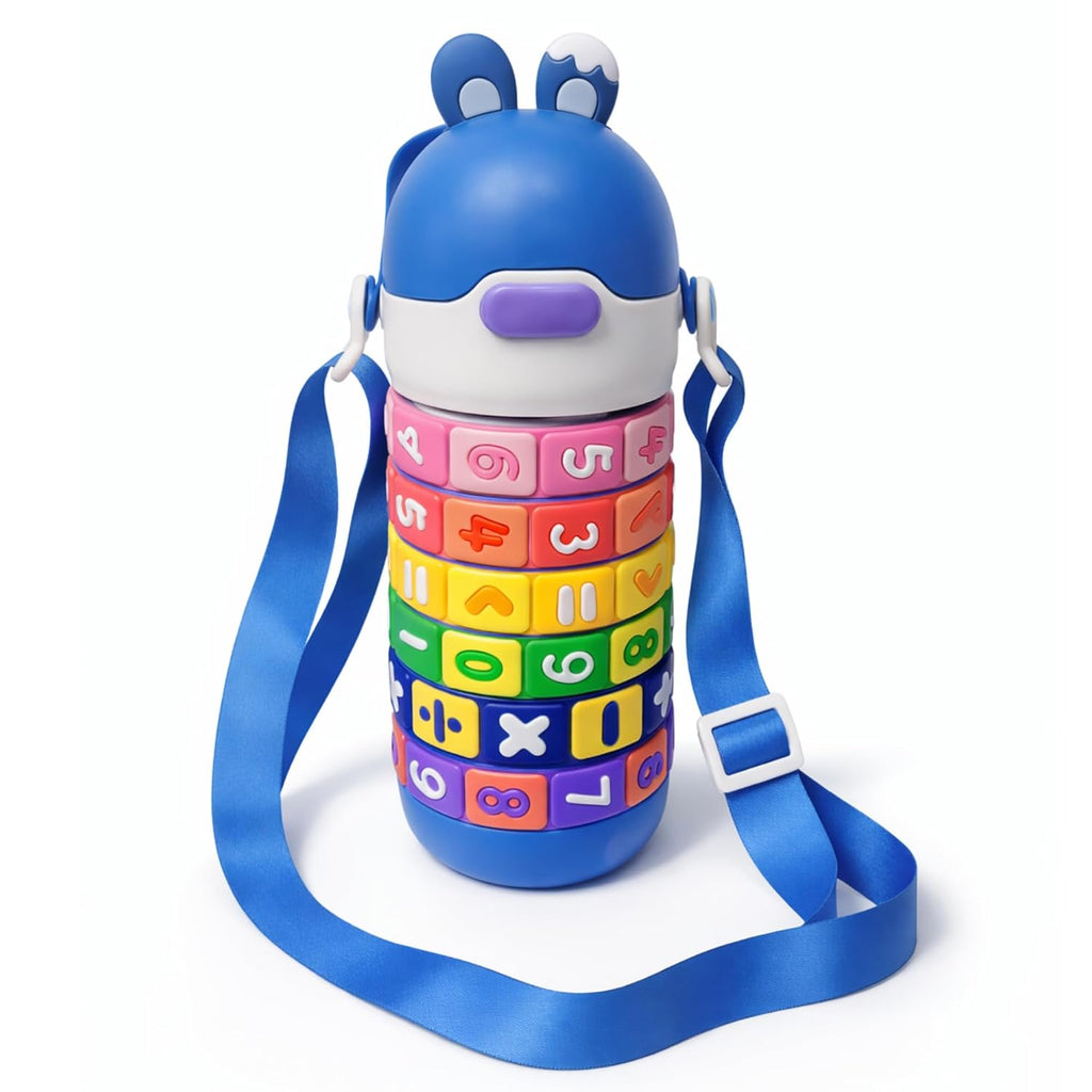 Math Learning Puzzle Water Bottle for School Kids 500ml – Stainless Steel Sipper with Straw & Adjustable Strap – Fun Educational Number Puzzle Drinking Bottle for Boys & Girls (Blue)