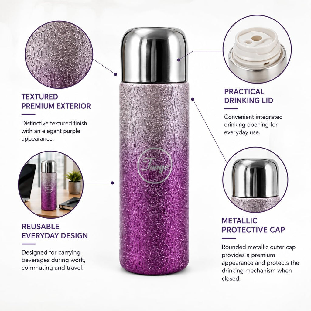 Stainless Steel Water Bottle Crystal Thermos Flask Titanium Coating, Purple, 450 ml Textured Exterior, Metallic Protective Cap, Integrated Drinking Lid