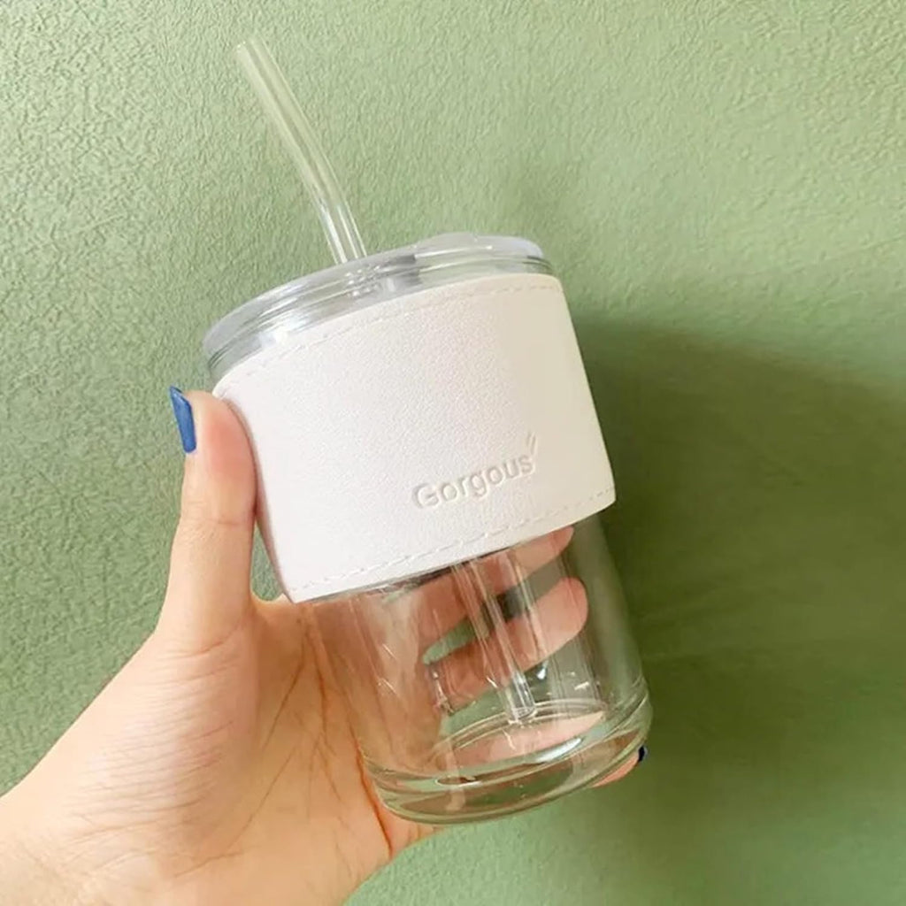 DailyAlley 400ml White Glass Sipper - An aesthetic tumbler with a leather sleeve and straw. Perfect for coffee, juice, and smoothies on the go. Dailyalley