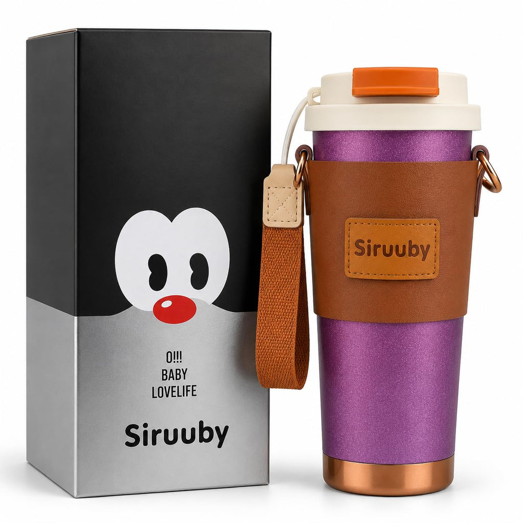 DailyAlley Stainless Steel Coffee Tumbler Sipper with Mineral Stone Filter (500ml) | Premium Hot & Cold Travel Mug with Straw Lid & Carry Strap | Luxury Coffee Cup for Office, Car & Gifting (Purple)