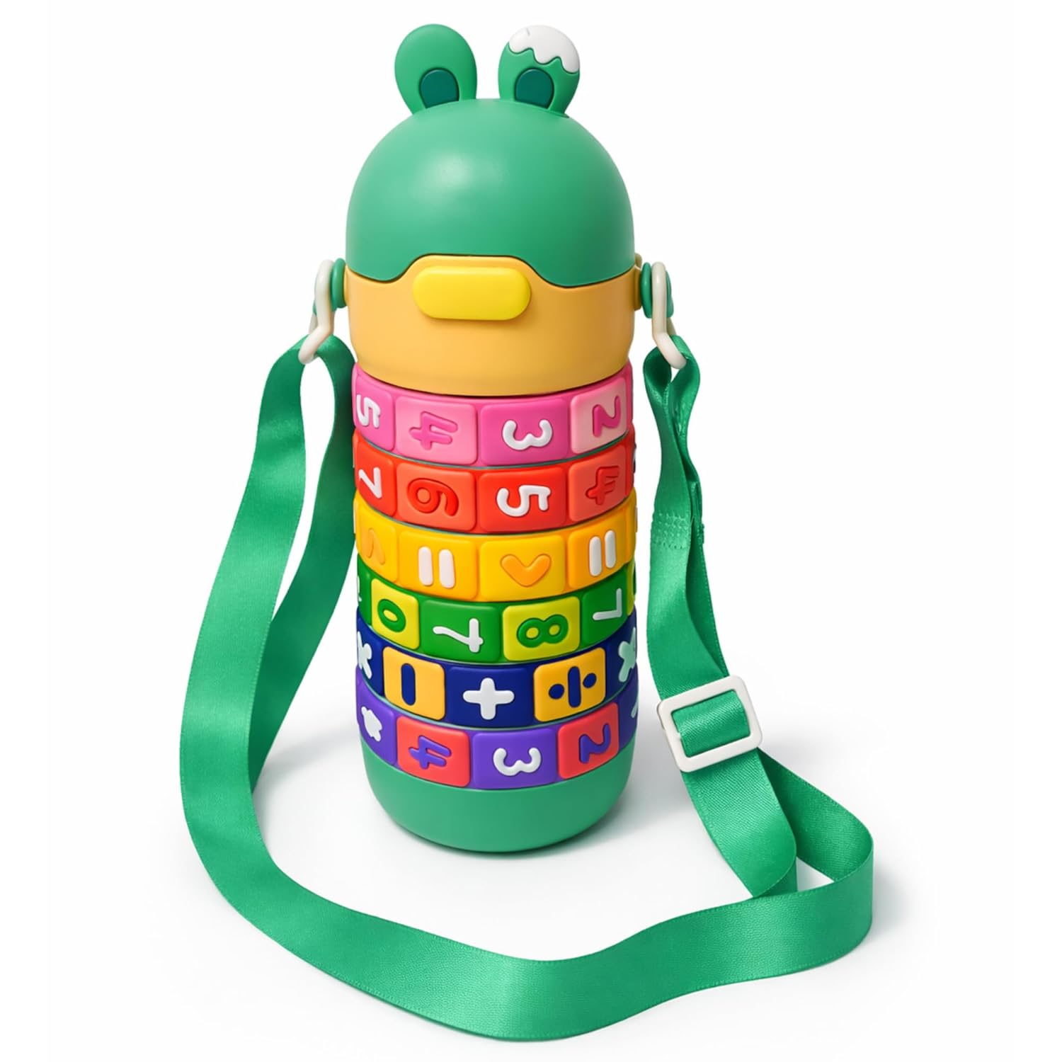 Math Learning Puzzle Water Bottle for School Kids 500ml – Stainless Steel Sipper with Straw & Adjustable Strap – Fun Educational Number Puzzle Drinking Bottle for Boys & Girls (Green)