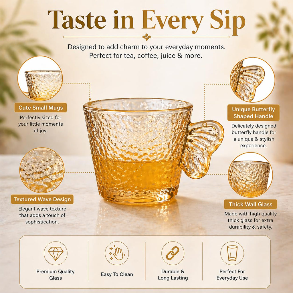 DailyAlley Butterfly Handle Glass Mugs (Set of 6) | Elegant Amber Textured Cups for Coffee & Tea | Whimsical Wing Handle Mugs (120ml)
