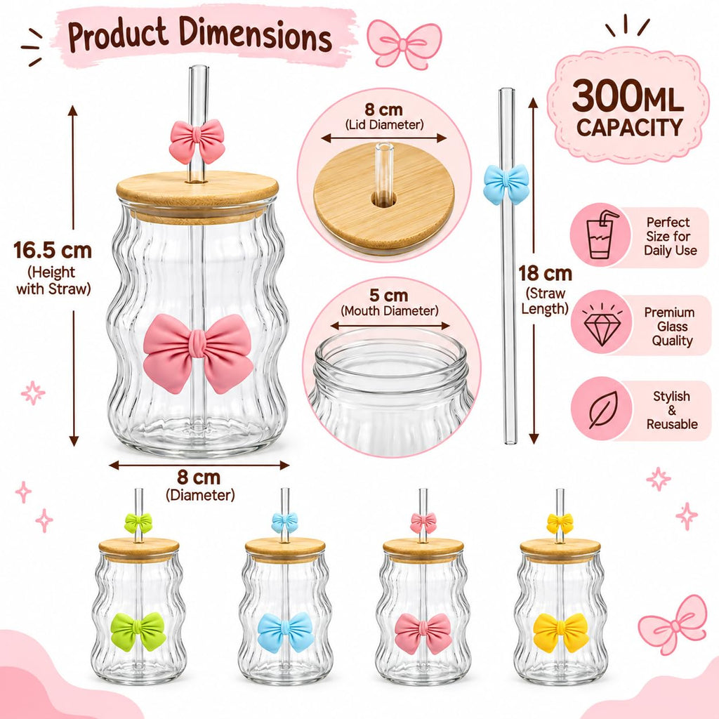 Glass Tumbler Set of 4, 300ml Cute Bow Design Drinking Glasses with Bamboo Lids and Glass Straws, Wavy Clear Cups for Iced Coffee, Juice, Smoothies and Cold Beverages & Matcha