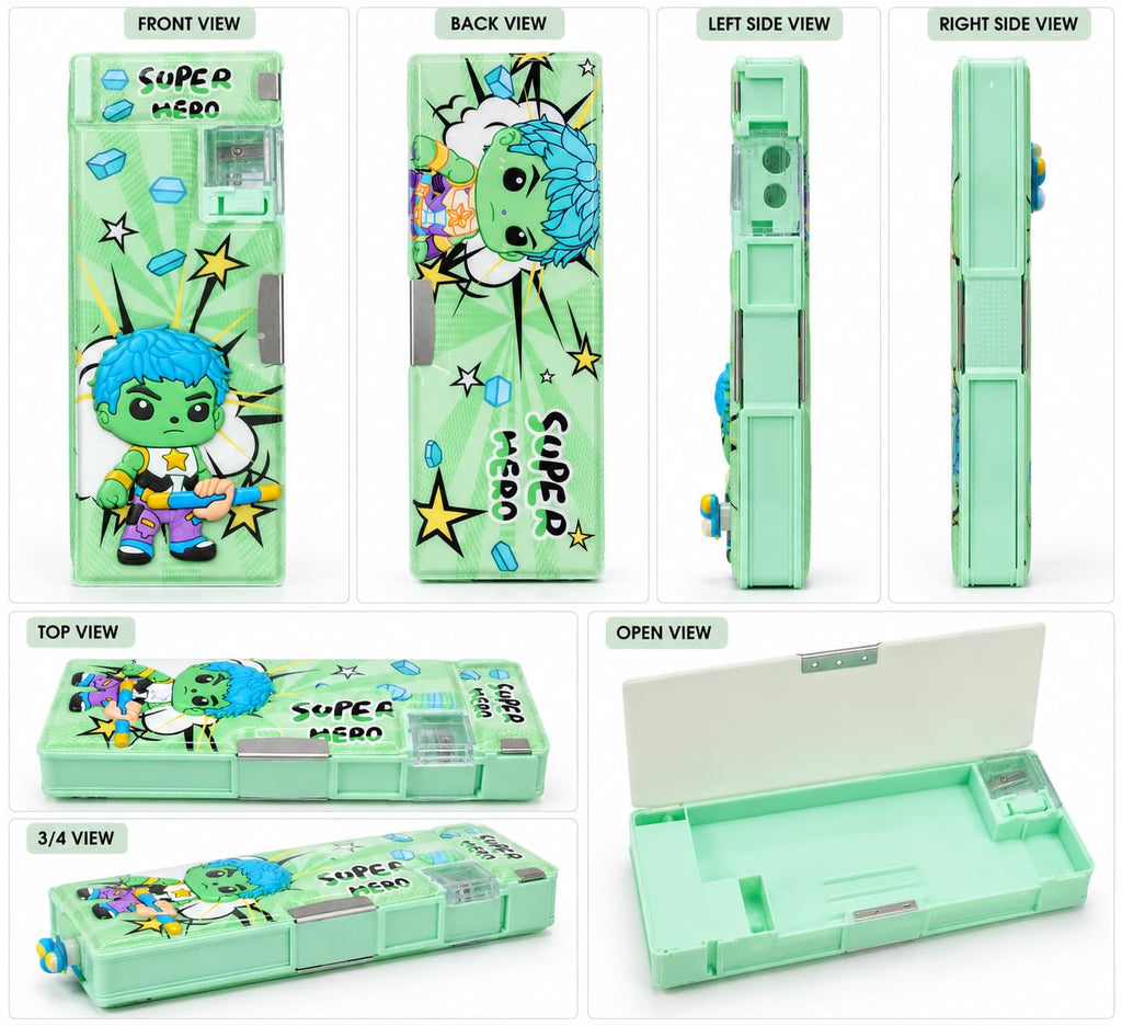 Superhero Print Pencil Box for Kids with Built-in Sharpener Multifunctional Pencil Box for Kids Boys & Girls, Large Capacity Stationery Mint Green
