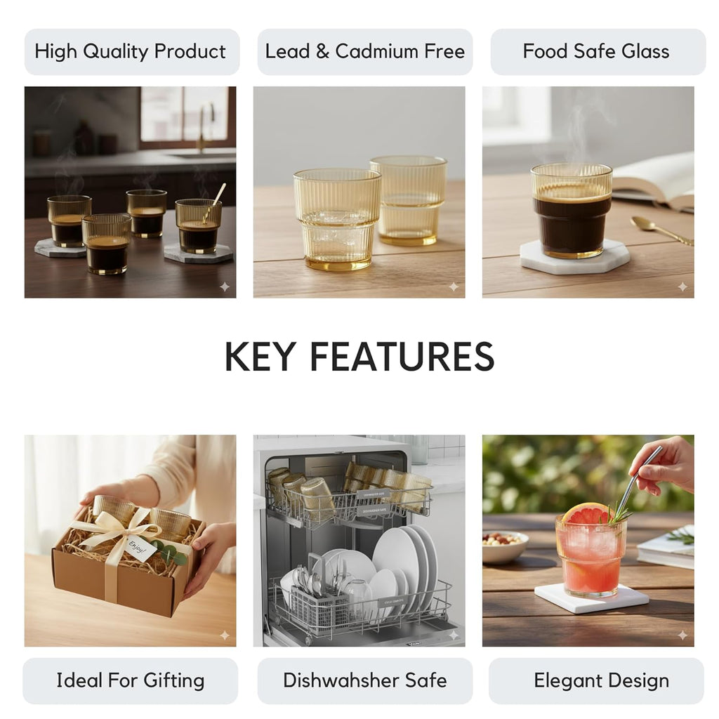 DailyAlley Amber Ribbed Glass Set (6-Pack, 250ml) | Elegant Tumblers for Water, Juice & Cocktails | Modern Dishwasher Safe Drinkware for Home Dailyalley