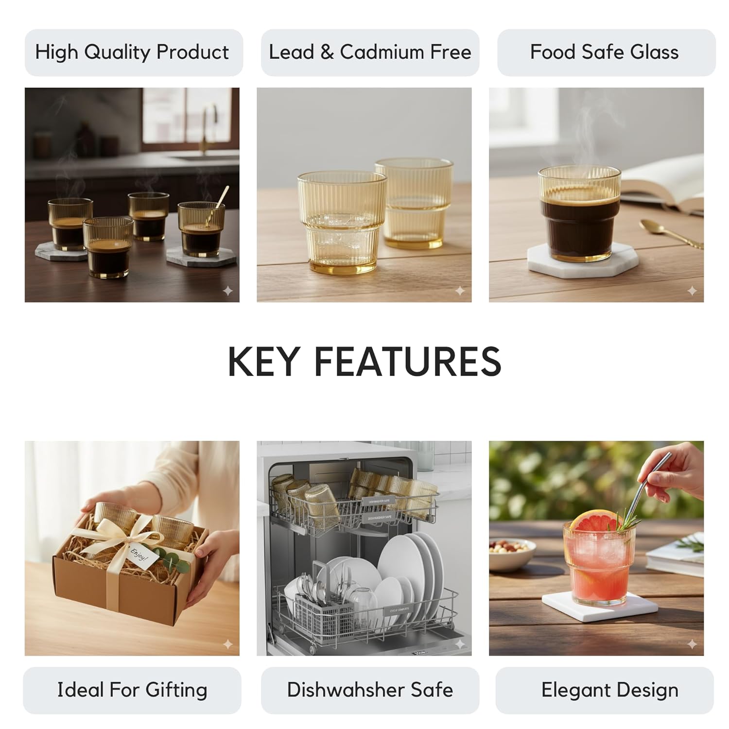 DailyAlley Amber Ribbed Glass Set (6-Pack, 250ml) | Elegant Tumblers for Water, Juice & Cocktails | Modern Dishwasher Safe Drinkware for Home Dailyalley