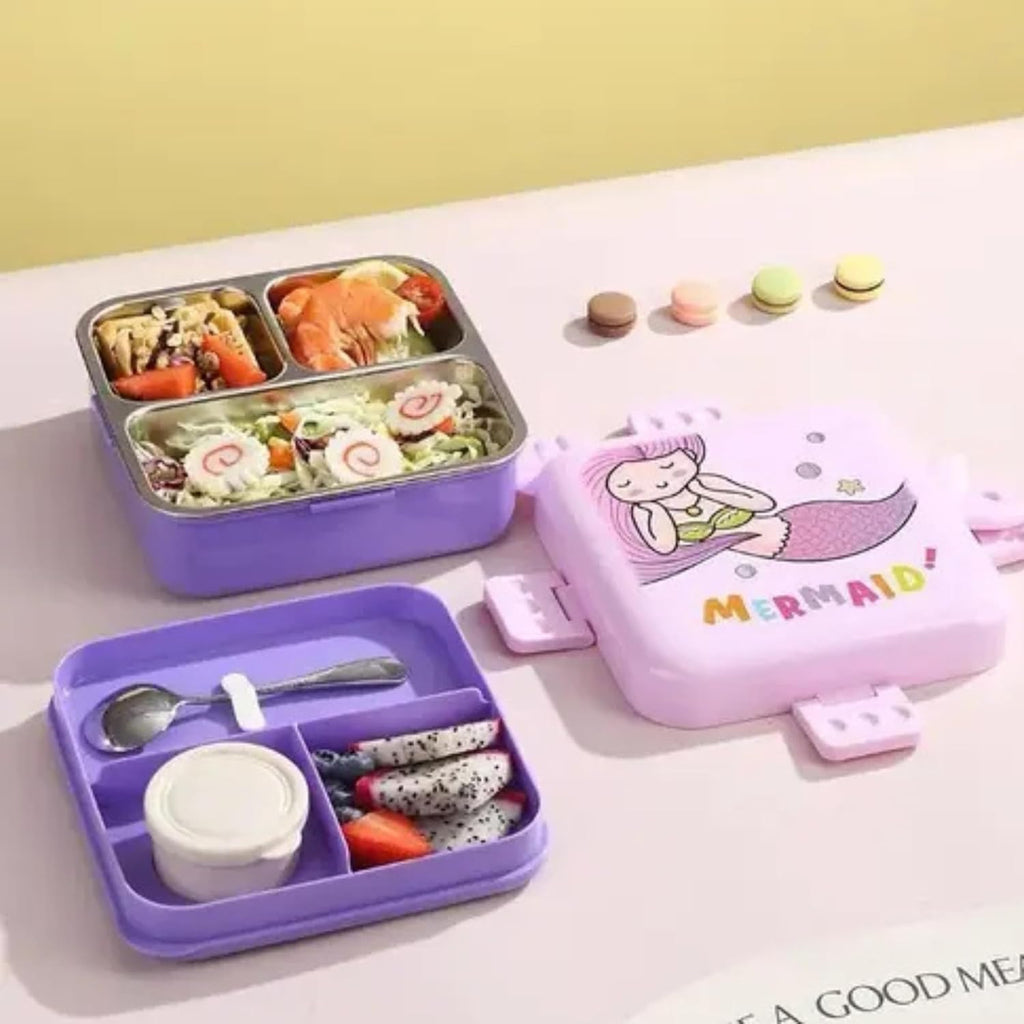 Mermaid Lunch Box for Kids Girls | Cute Tiffin Box for School Girls | 3 Compartment Stainless Steel Box with Leakproof Lid, Sauce Container & Spoon | Lunchbox for School & Picnic (Purple)