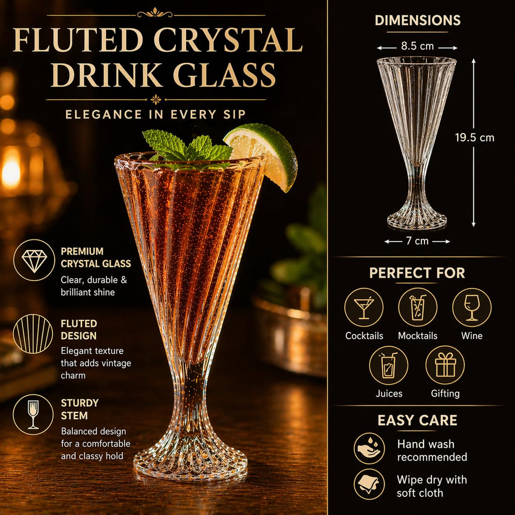 Premium Crystal Fluted Drinking Glass (Set of 2-300ml Each)