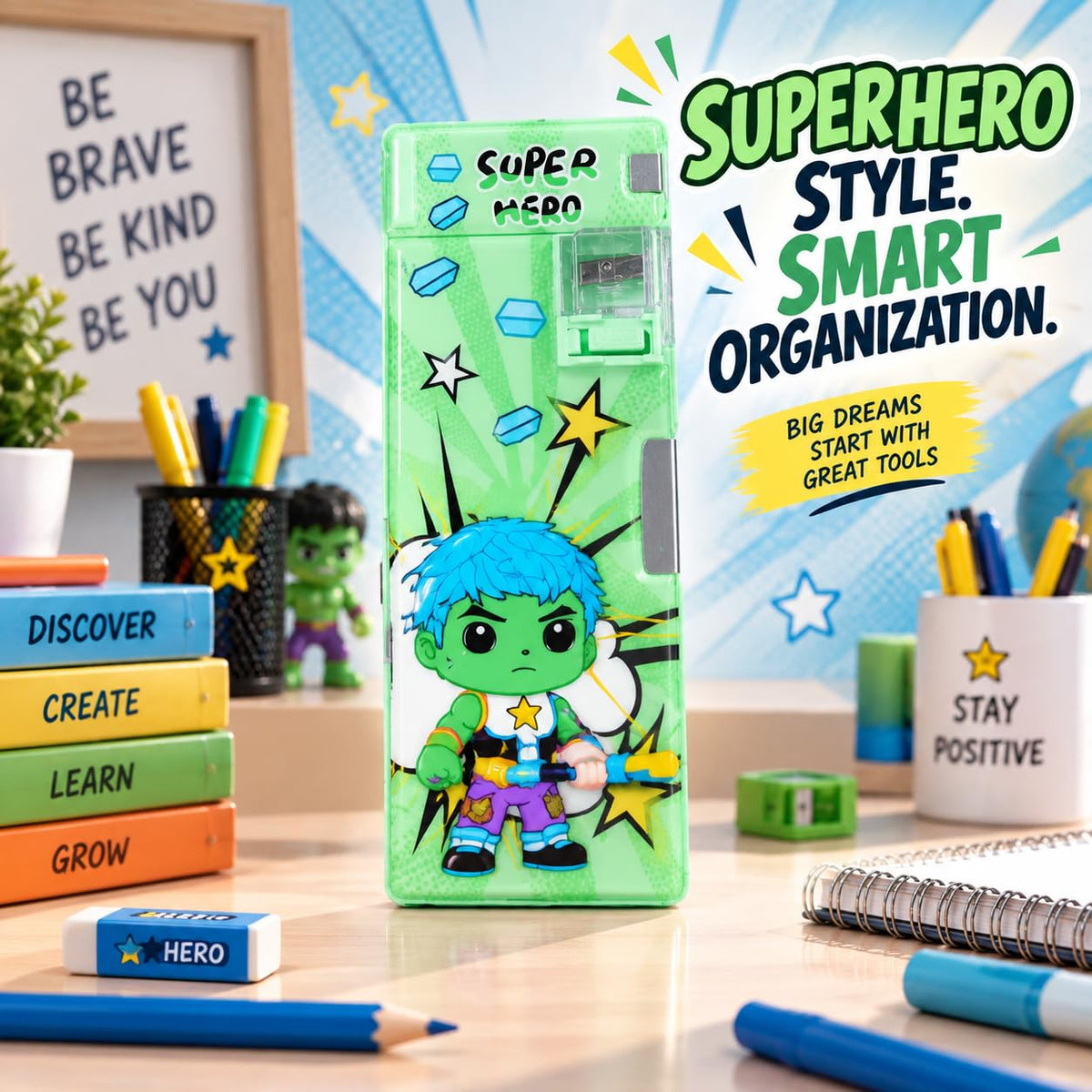 Superhero Print Pencil Box for Kids with Built-in Sharpener Multifunctional Pencil Box for Kids Boys & Girls, Large Capacity Stationery Mint Green