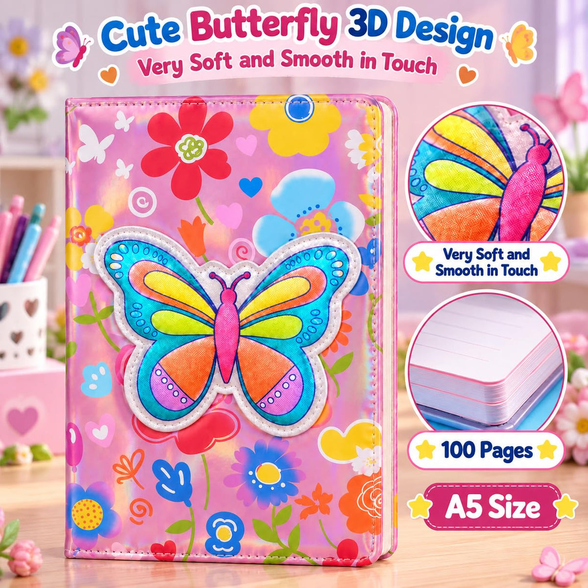 3D Squishy Butterfly Theme Diary for Kids & Girls, Assorted Fancy Notebook for Girls, Cute Soft Touch Diary with 100 Pages, Kids Notepad for School, Personal Notes, Drawing & Writing