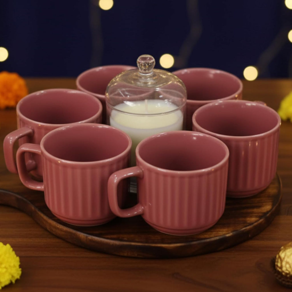 6-Piece Ribbed Ceramic Coffee Mug Set with Wooden Serving Tray & Creamer