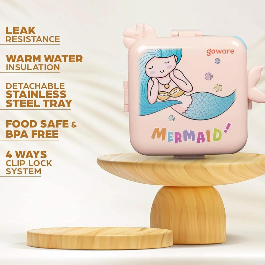 Mermaid Lunch Box for Kids Girls | Cute Tiffin Box for School Girls | 3 Compartment Stainless Steel Box with Leakproof Lid, Sauce Container & Spoon | Lunchbox for School & Picnic (Purple)