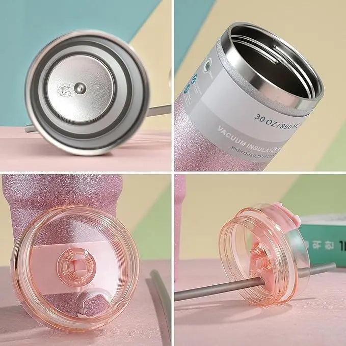 Collage of a vacuum-insulated tumbler with different parts on a colorful background
