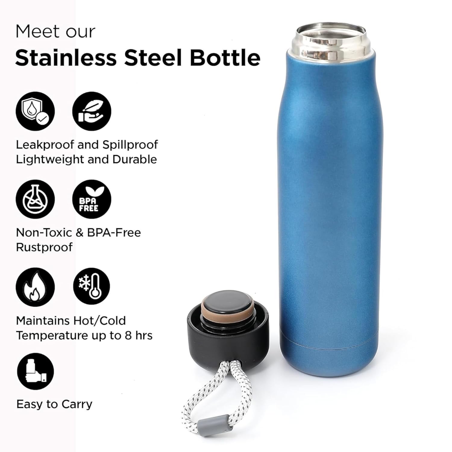 DailyAlley 550ml Insulated Steel Bottle | Hot & Cold Thermos Flask | Leakproof Cap with Carry Loop for Gym, Office & Travel | BPA-Free (Blue) Dailyalley