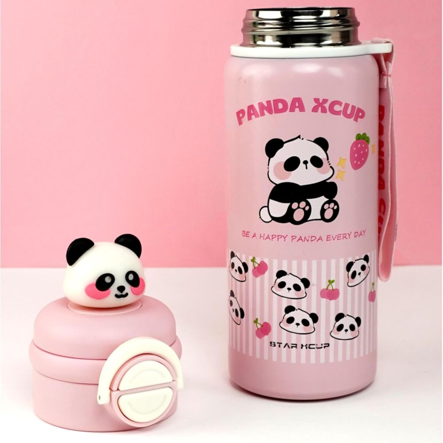 DailyAlley Pink Panda Water Bottle - A stainless steel thermos for kids, featuring a cute panda design. Perfect for keeping drinks hot or cold. Dailyalley