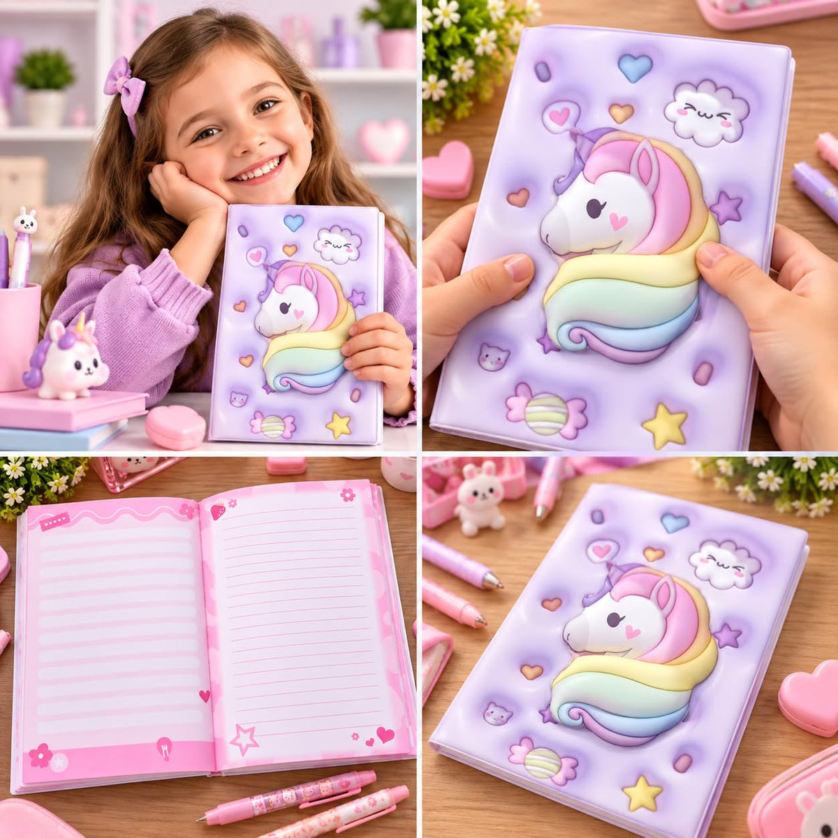 3D Squishy Unicorn Diary for Kids, Fancy Notebook for Girls, Cute Soft Touch Diary with 100 Pages, Kids Notepad for School, Personal Notes, Drawing & Writing (Purple)