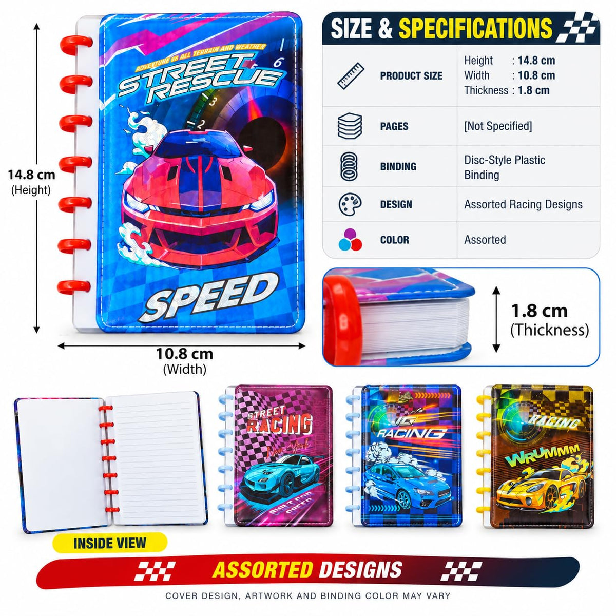 Racing Car Mini Notebook, Assorted Racing Car Notebook for Kids – Spiral Notebook with Ruled Pages, Colorful Car Designs, School Writing Notebook & Student Stationery