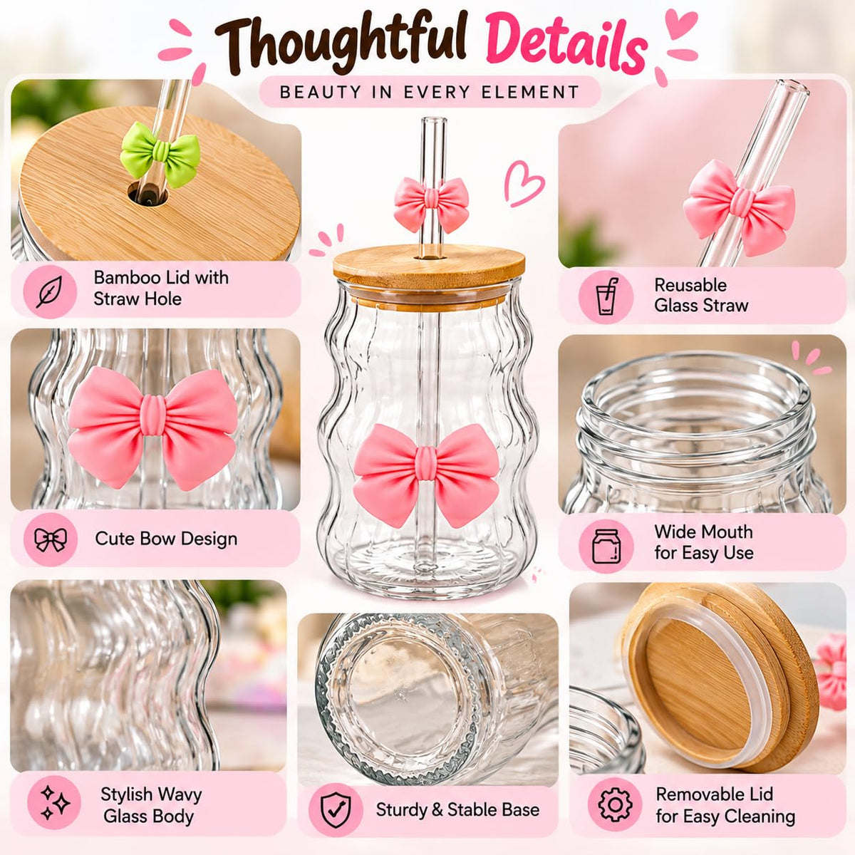 Glass Tumbler Set of 4, 300ml Cute Bow Design Drinking Glasses with Bamboo Lids and Glass Straws, Wavy Clear Cups for Iced Coffee, Juice, Smoothies and Cold Beverages & Matcha
