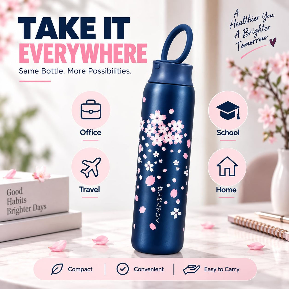 Stainless Steel Water Bottle 470ml | Compact Reusable Steel Water Bottle | Stylish Floral Design | Easy to Carry | for School, Office, Travel & Daily Use