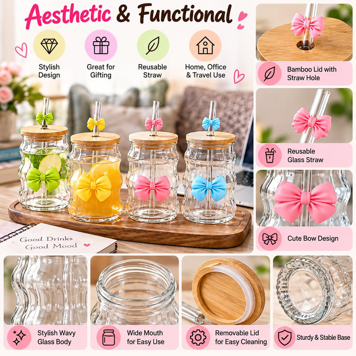 Glass Tumbler Set of 4, 300ml Cute Bow Design Drinking Glasses with Bamboo Lids and Glass Straws, Wavy Clear Cups for Iced Coffee, Juice, Smoothies and Cold Beverages & Matcha