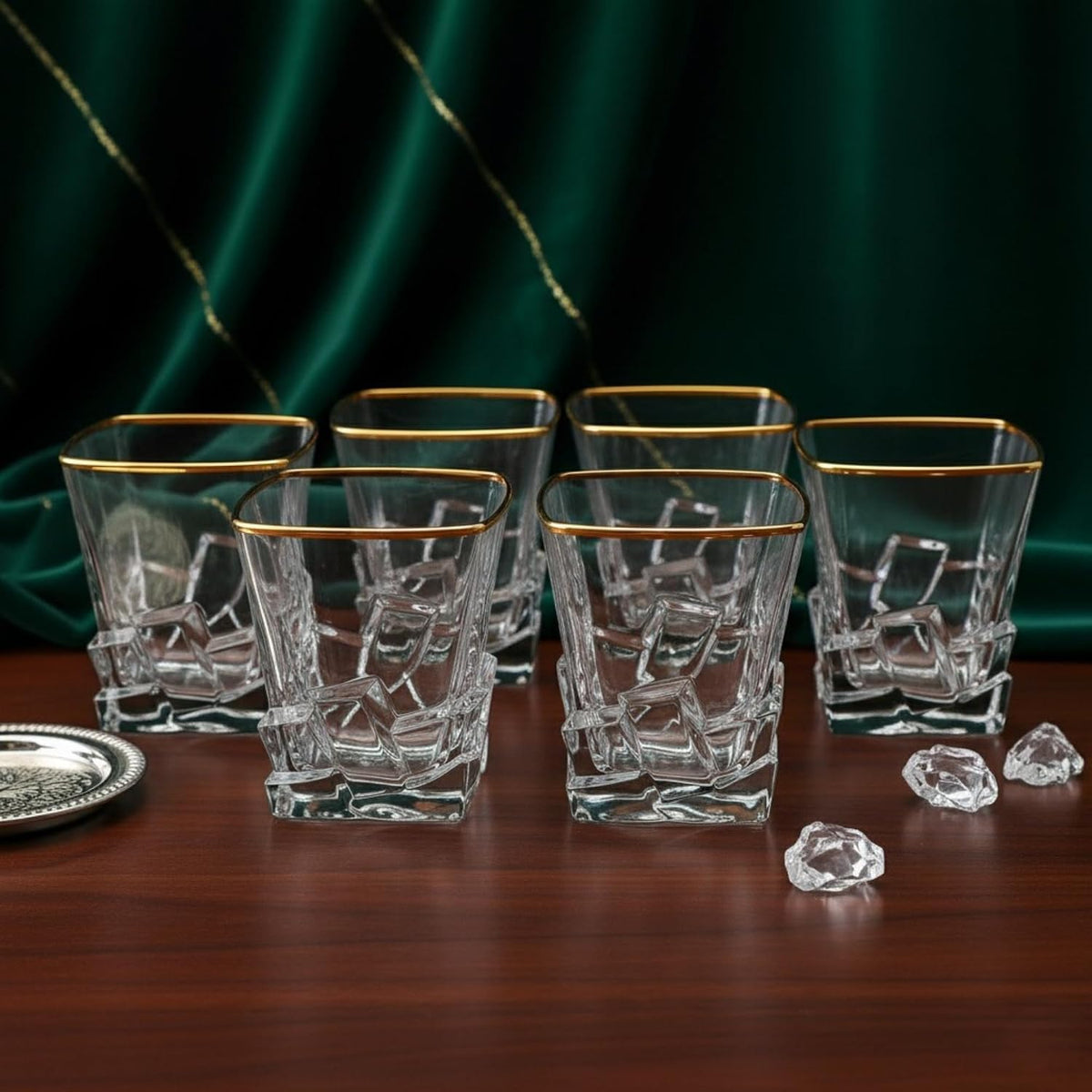 Premium Whisky Glass Set of 6 | 300ml Heavy Base Crystal Design Glasses with Golden Rim | Elegant Square Design Glasses for Whisky, Scotch, Cocktails and Bar Use