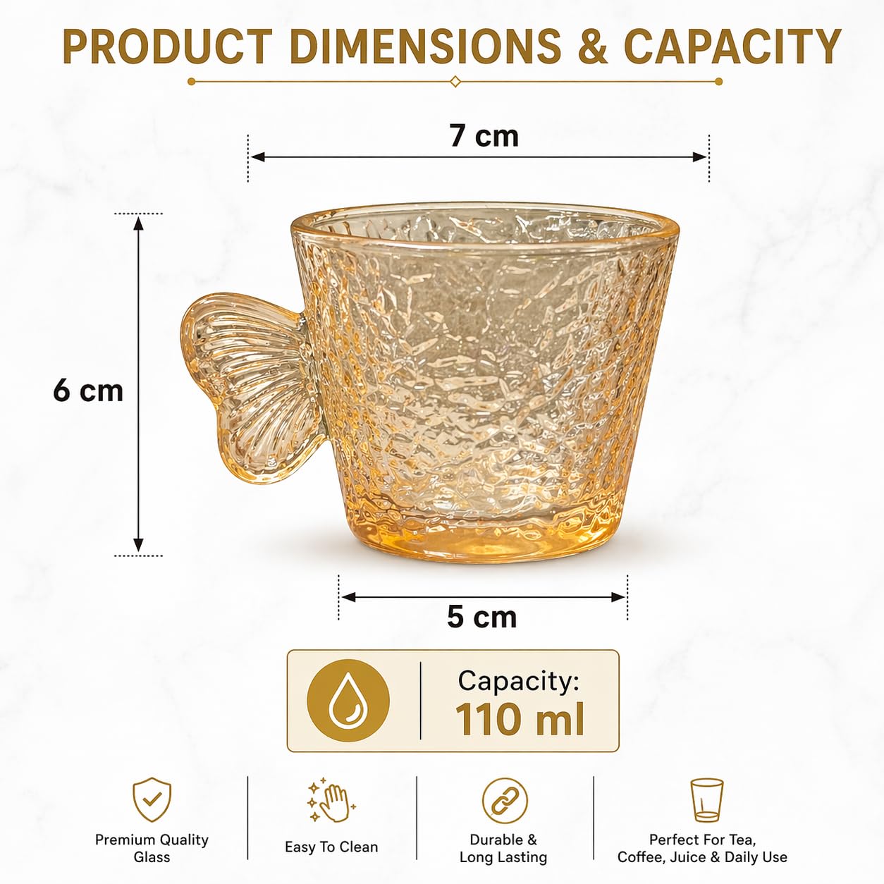 DailyAlley Butterfly Handle Glass Mugs (Set of 6) | Elegant Amber Textured Cups for Coffee & Tea | Whimsical Wing Handle Mugs (120ml)