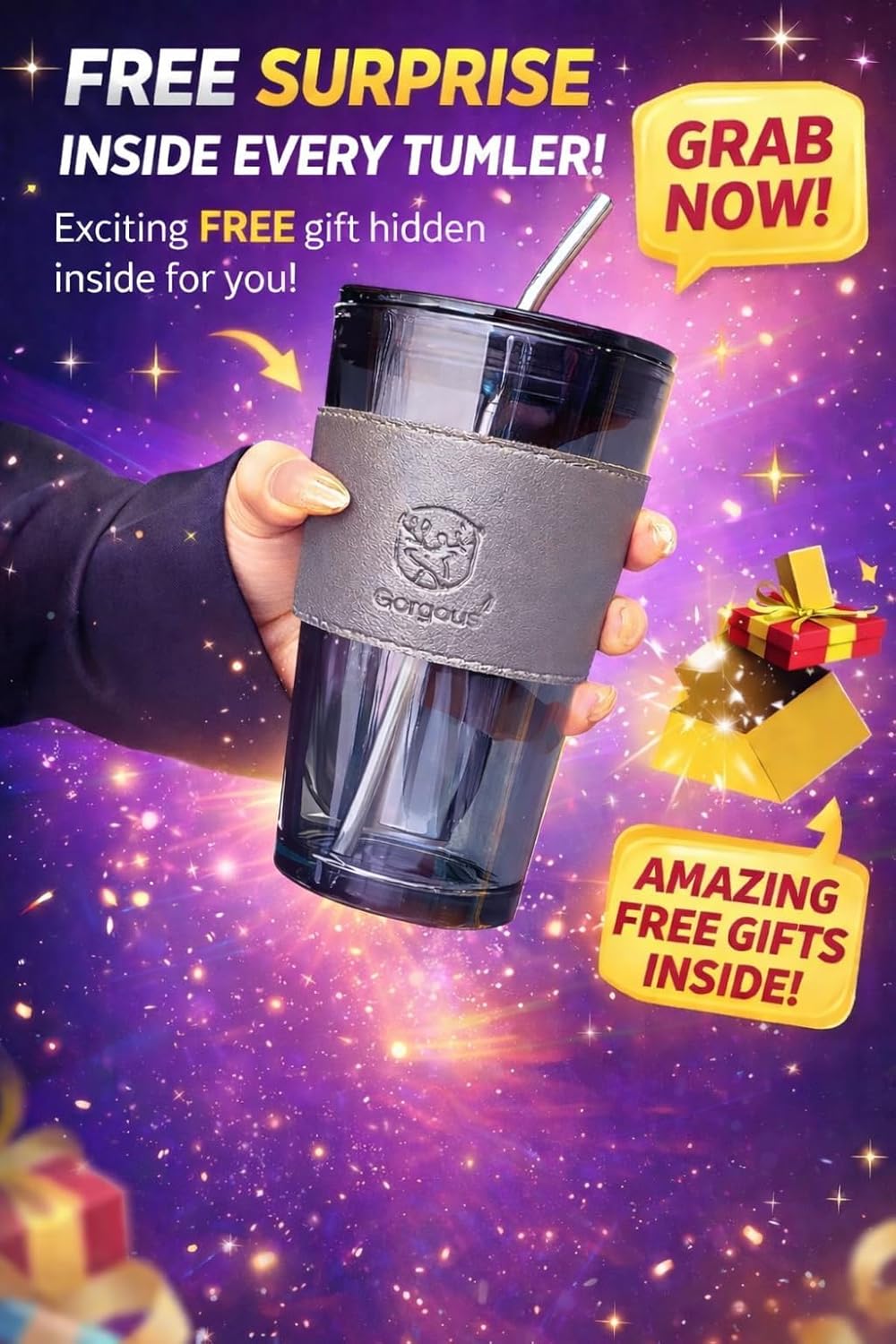 DailyAlley 400ml Glass Tumbler with Lid & Straw (Free Item Inside)