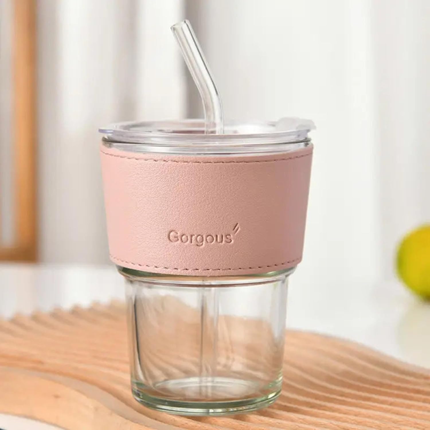 DailyAlley 400ml Pink Glass Sipper - An aesthetic tumbler with a leather sleeve and straw. Perfect for coffee, juice, and smoothies on the go. Dailyalley