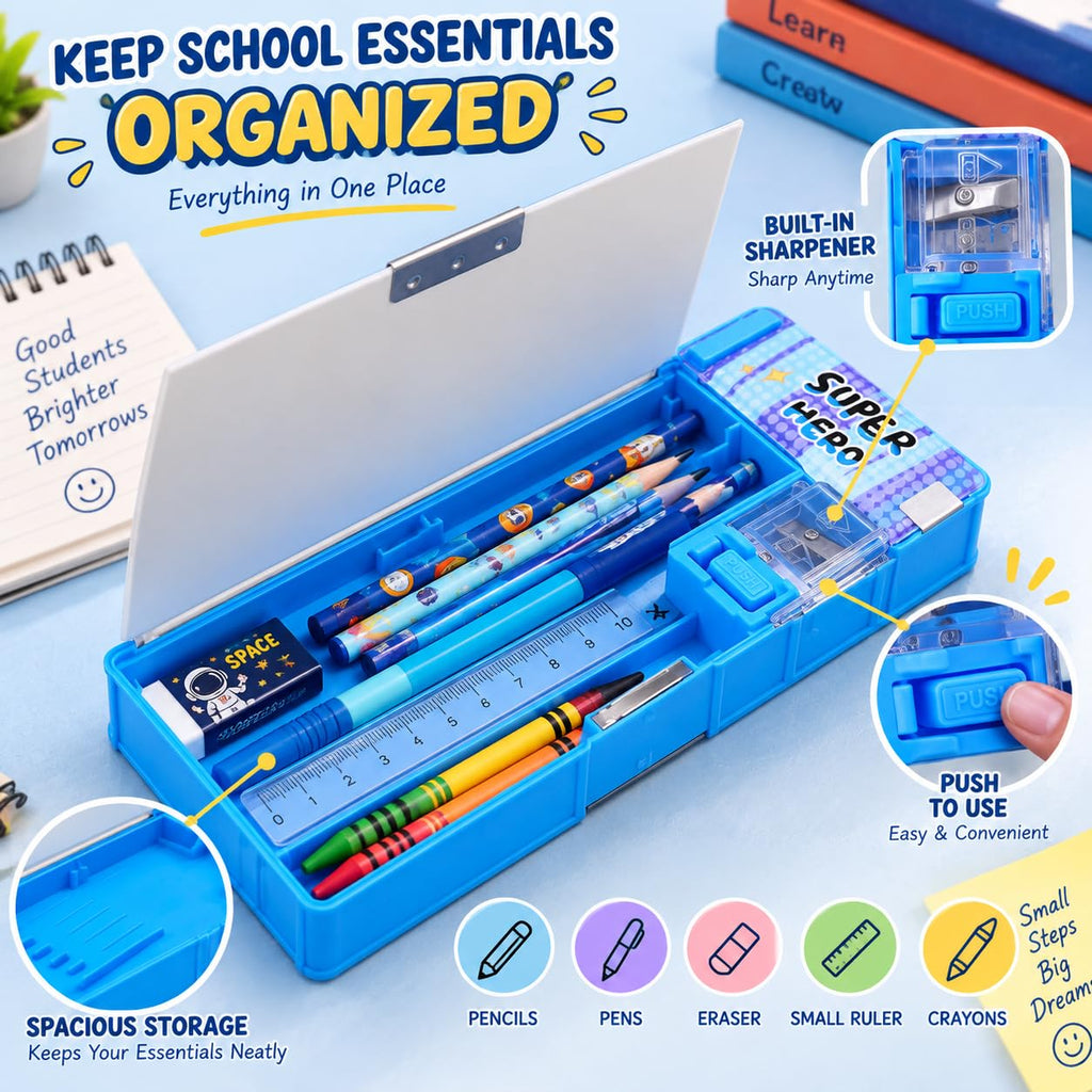 Multifunctional Pencil Box for Kids Boys & Girls, Large Capacity Stationery Organizer with Built-in Sharpener & Eraser Compartment School Pencil Case for Students