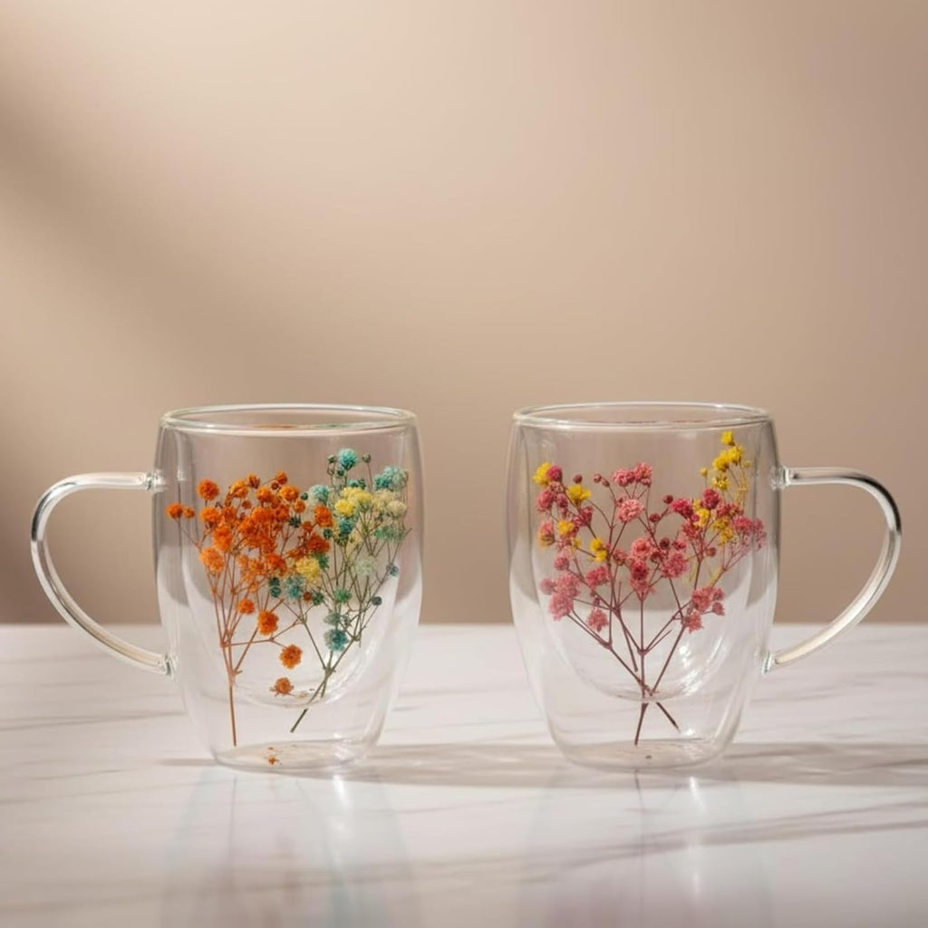Floral Glass Cup (Pack of 2) | Transparent Double Wall Mug with Flowers
