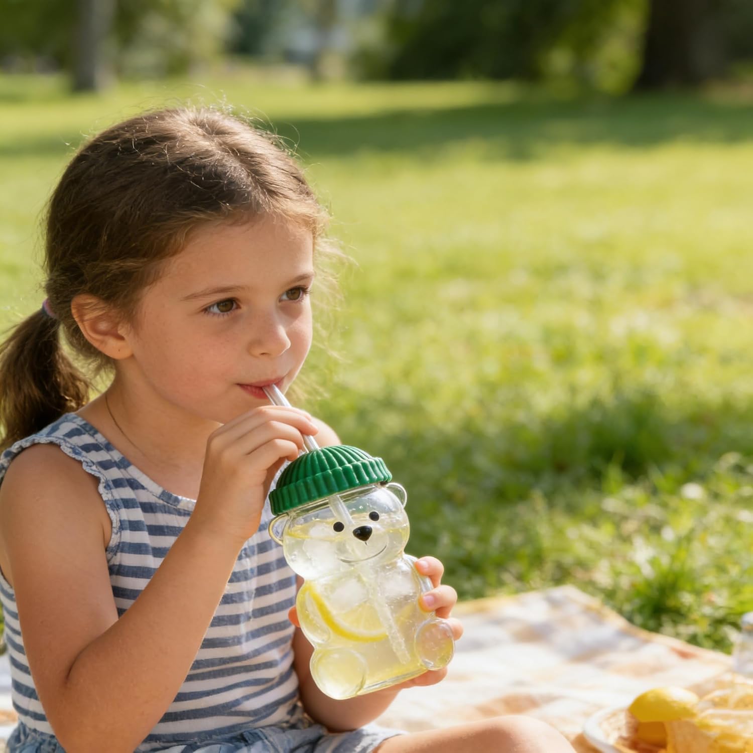 Bear Shaped Glass Cup with Straw & Lid