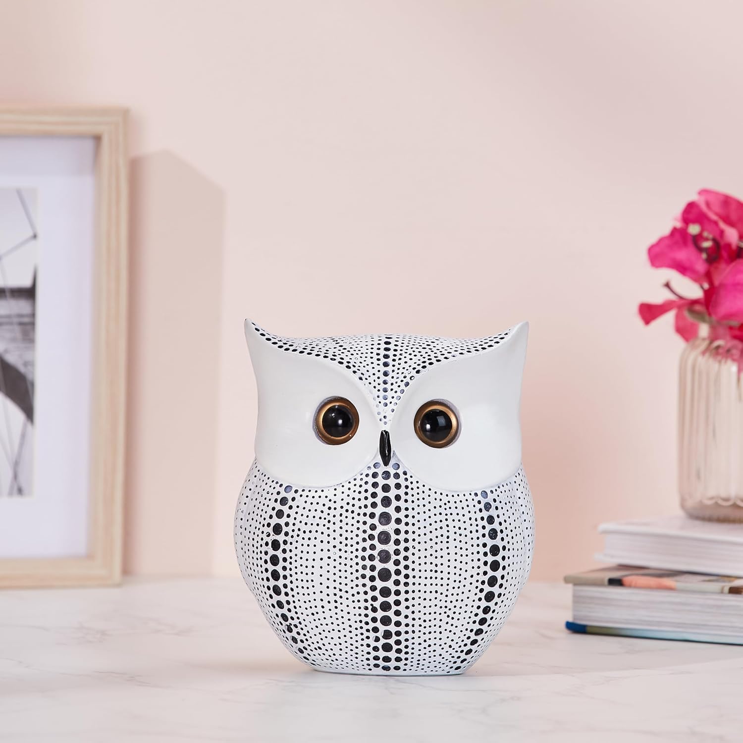 White Owl Decorative Statue – Polka Dot Resin Figurine for Shelf, Bookcase, TV Stand & Office Table Décor | Cute Modern Art Owl with Golden Eyes (20×10×10 cm) Dailyalley