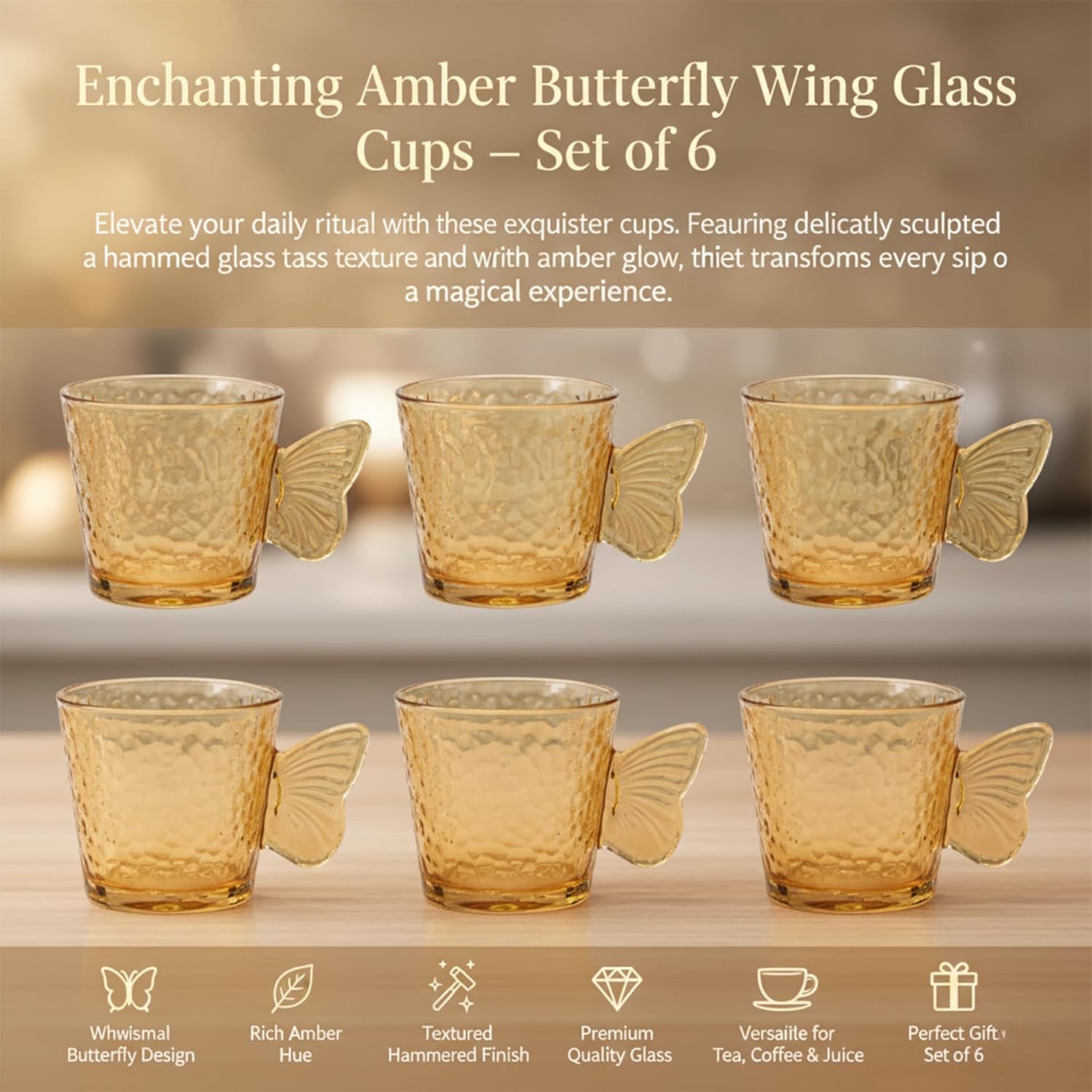 DailyAlley Butterfly Handle Glass Mugs (Set of 6) | Elegant Amber Textured Cups for Coffee & Tea | Whimsical Wing Handle Mugs (120ml)