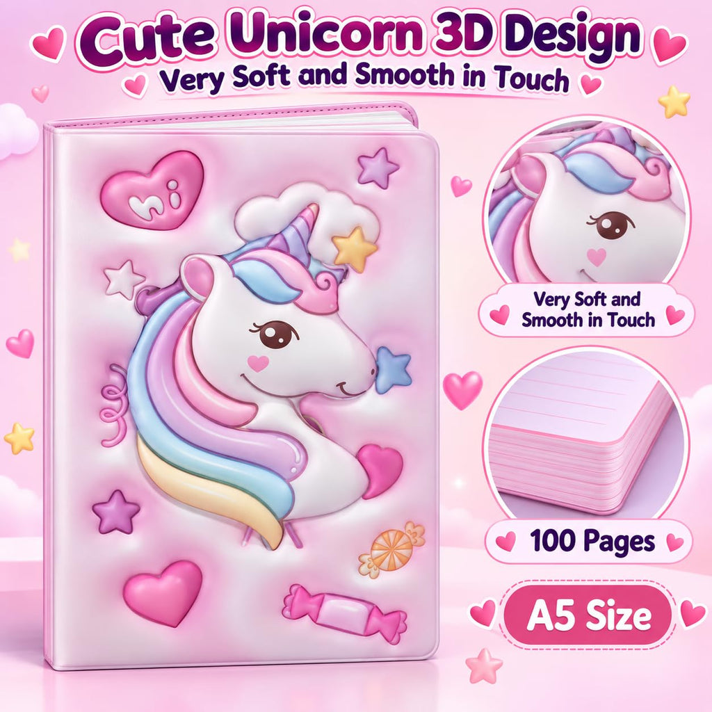 3D Squishy Unicorn Diary for Kids, Fancy Notebook for Girls, Cute Soft Touch Diary with 100 Pages, Kids Notepad for School, Personal Notes, Drawing & Writing (Pink)