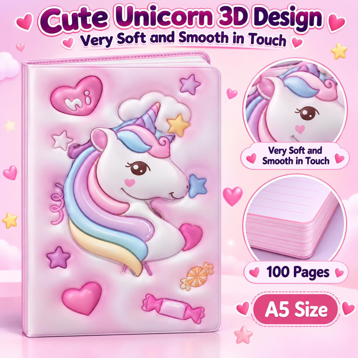 3D Squishy Unicorn Diary for Kids, Fancy Notebook for Girls, Cute Soft Touch Diary with 100 Pages, Kids Notepad for School, Personal Notes, Drawing & Writing (Pink)