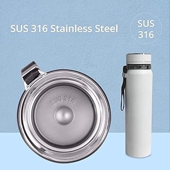 Stainless steel water bottle with lid on a light blue background