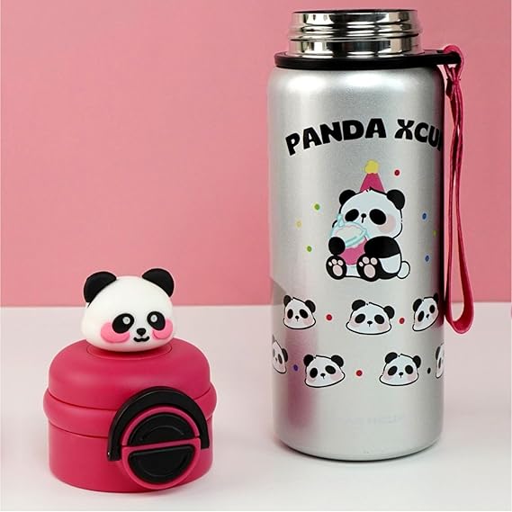 Silver water bottle with panda design and pink container on a pink background