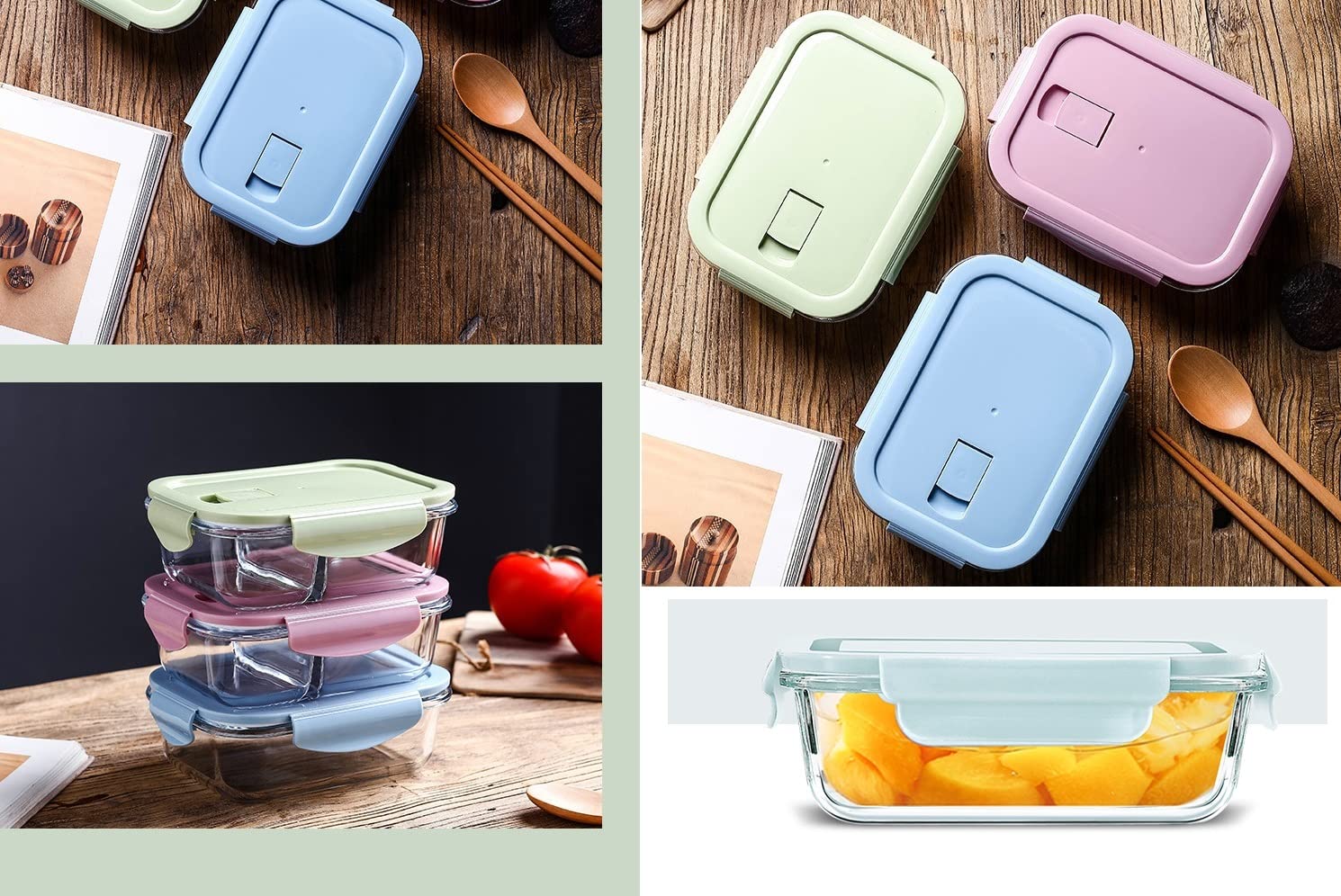 Set of colorful food storage containers on a wooden surface with spoons and a tomato.