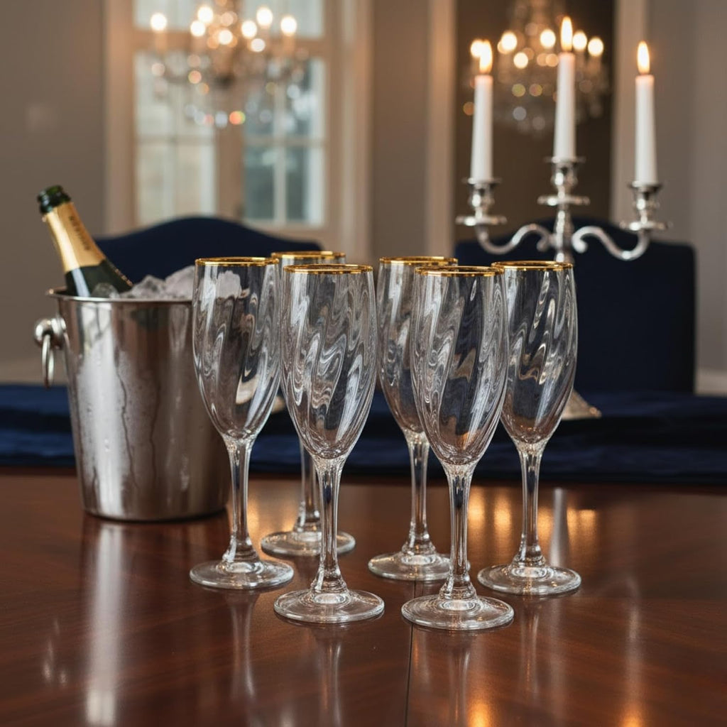Premium Champagne Flutes Set of 6 (300ml Each) - Luxury Twisted Design Crystal Glasses - Elegant Wine & Whisky Glass Set for Cocktails, Parties, Weddings & Gifting - Transparent