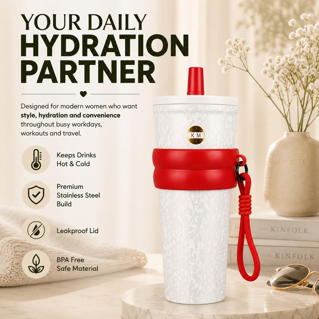 Stainless Steel Water Bottle for Women & Girls (710ml) – Luxury & Stylish Tumbler, Leakproof, Portable & Reusable Sipper Bottle for School, College, Office, Gym & Travel (White)