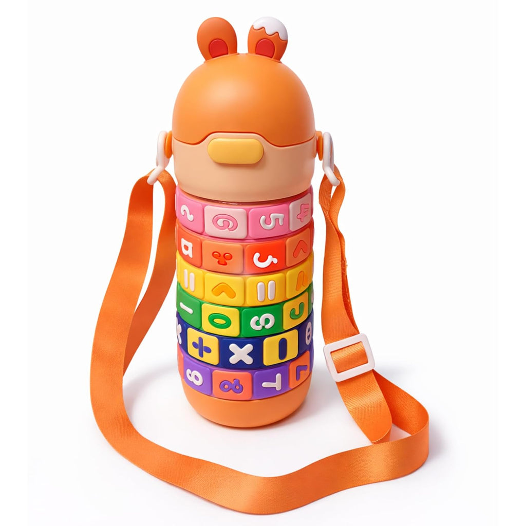 Math Learning Puzzle Water Bottle for School Kids 500ml – Stainless Steel Sipper with Straw & Adjustable Strap – Fun Educational Number Puzzle Drinking Bottle for Boys & Girls (Orange)