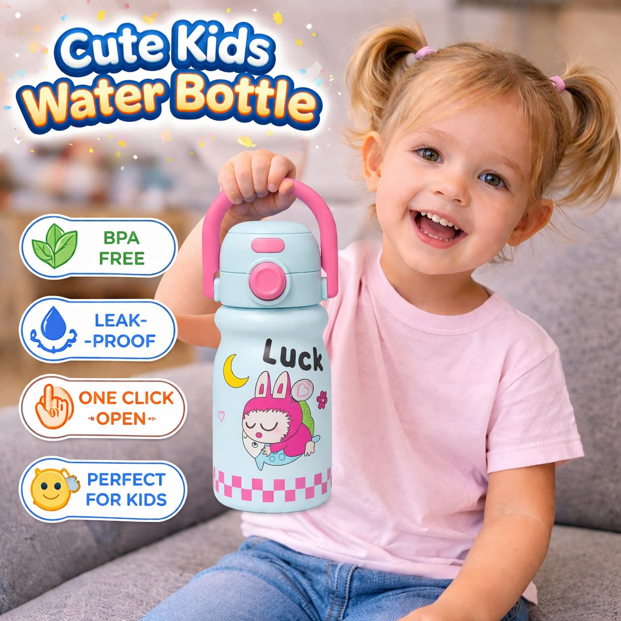Cute cartoon printed water bottle with handle. 520 ml capacity, lightweight and easy to carry. Perfect for kids, school, travel and daily use. (Blue)