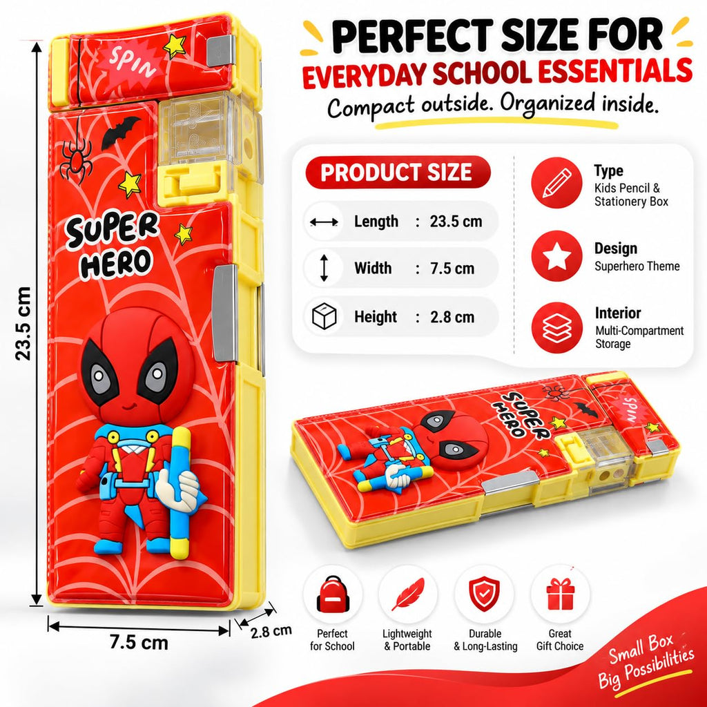 Superhero Theme Kids Pencil Box, Multifunctional Pencil Box for Kids Boys & Girls, Large Capacity Stationery Organizer with Built-in Sharpener Eraser Compartment & Pencil Storage School