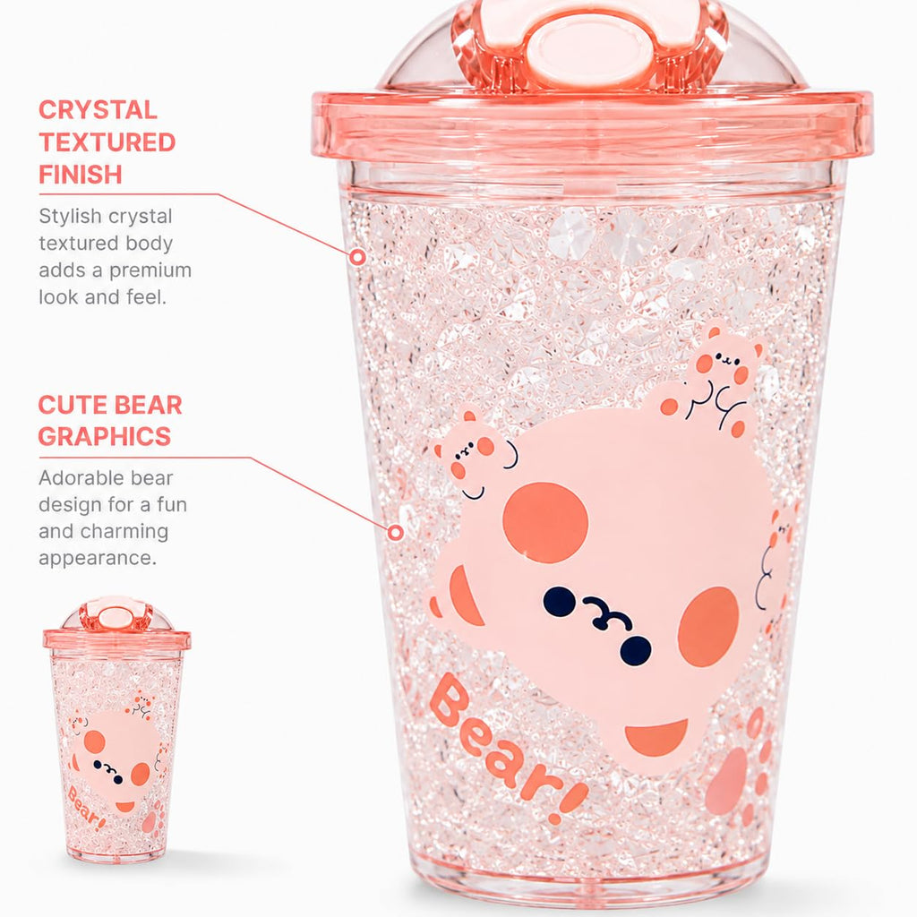 Cute Bear Tumbler for Kids & Girls 450ML - Leakproof Sipper Cup with Straw, Crystal Ice Textured Transparent Water Bottle with Flip Lid - Lightweight Freezer Safe Juice Coffee Cup (Yellow)
