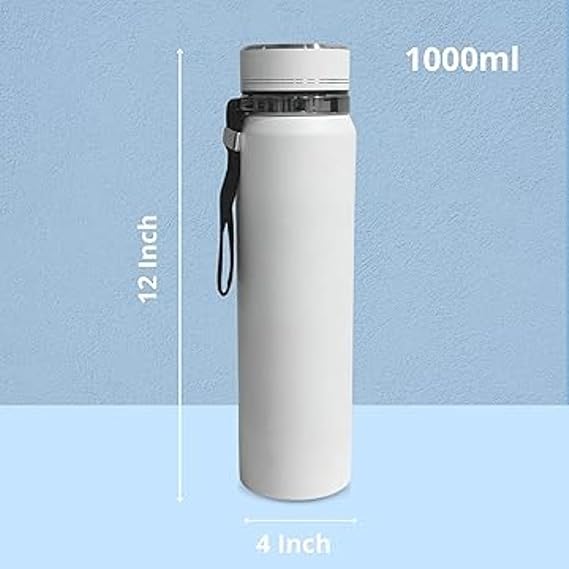 White water bottle with measurements on a blue background