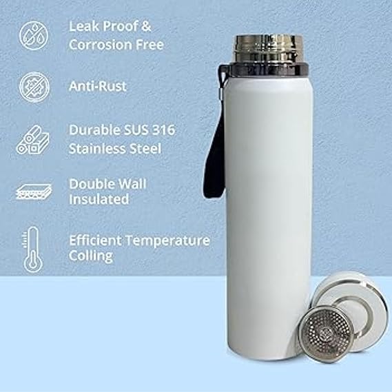 White insulated stainless steel water bottle with features listed on a blue background