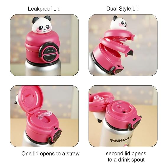 Pink panda-themed water bottle with leakproof and dual-style lid features.