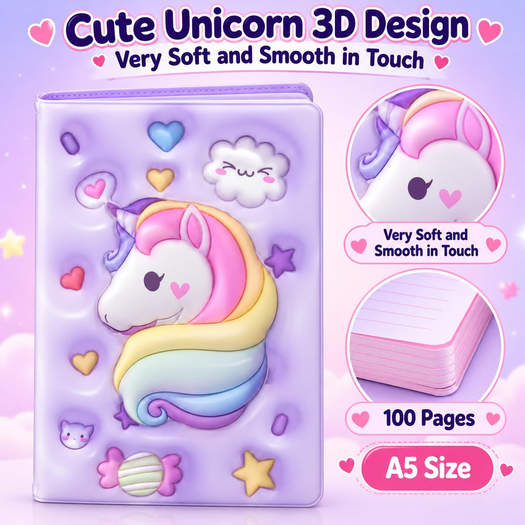 3D Squishy Unicorn Diary for Kids, Fancy Notebook for Girls, Cute Soft Touch Diary with 100 Pages, Kids Notepad for School, Personal Notes, Drawing & Writing (Purple)