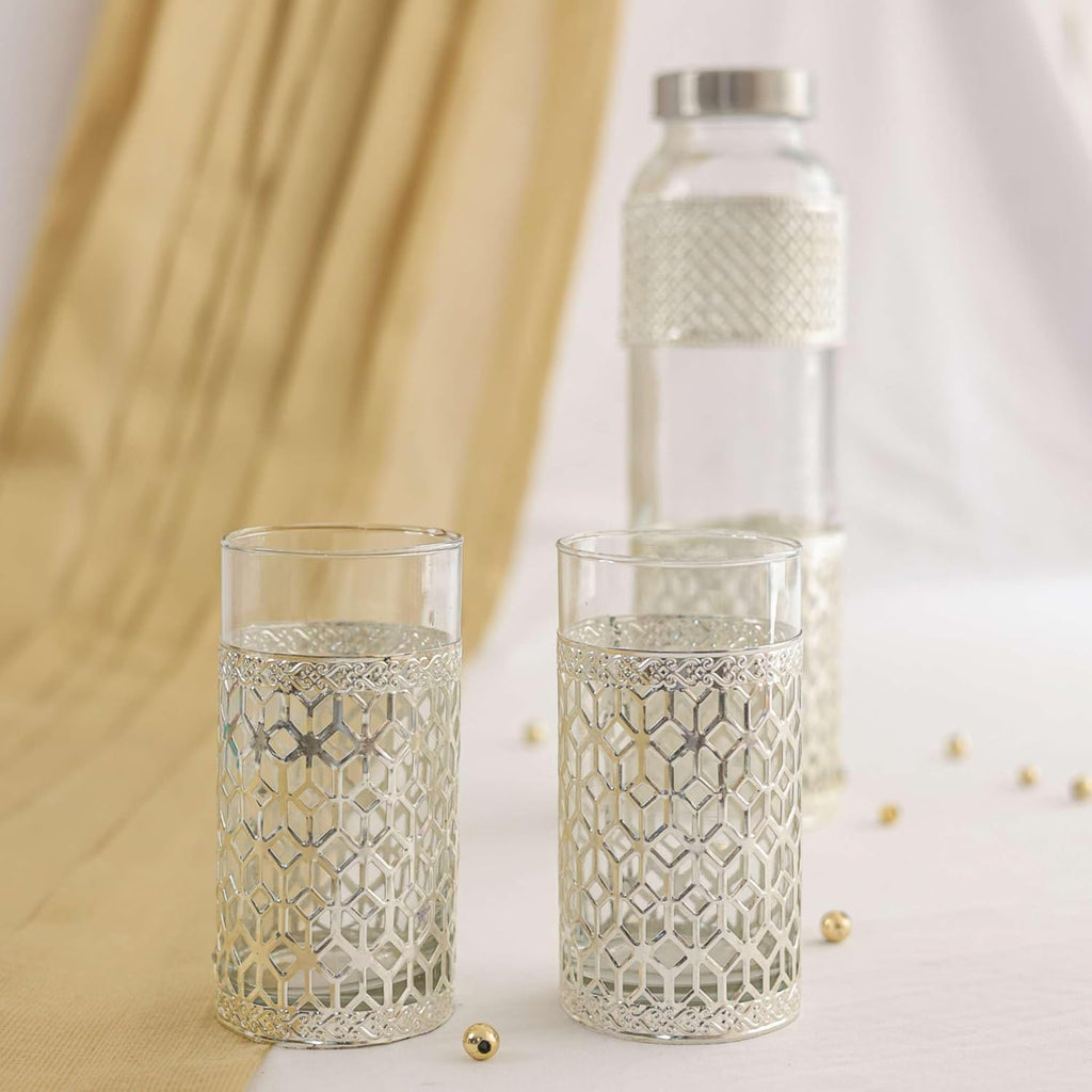 Premium German Silver Glass Bottle Set with 1 Litre Bottle & 2 Glasses (300ml Each) - Comes with Green Velvet Gift Box
