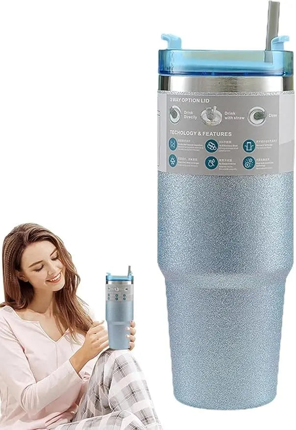 Blue glittery tumbler with a woman holding it on a white background